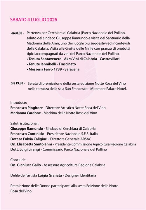 LA SESTA NOTTE ROSA DEL VINO passa da CERCHIARA DI CALABRIA!