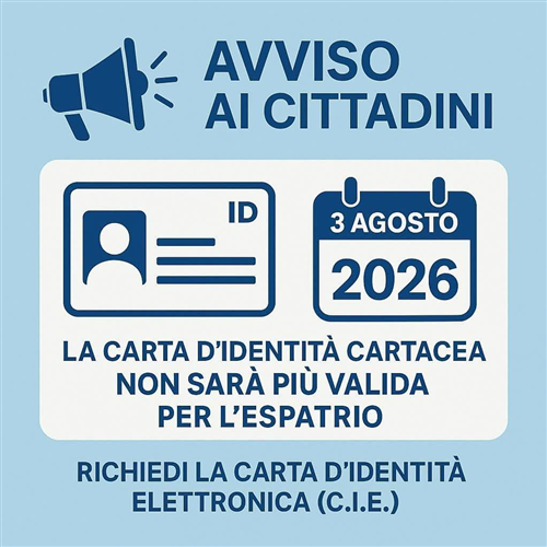 AVVISO AI CITTADINI - Scadenza delle carte d’identità cartacee: 3 agosto 2026